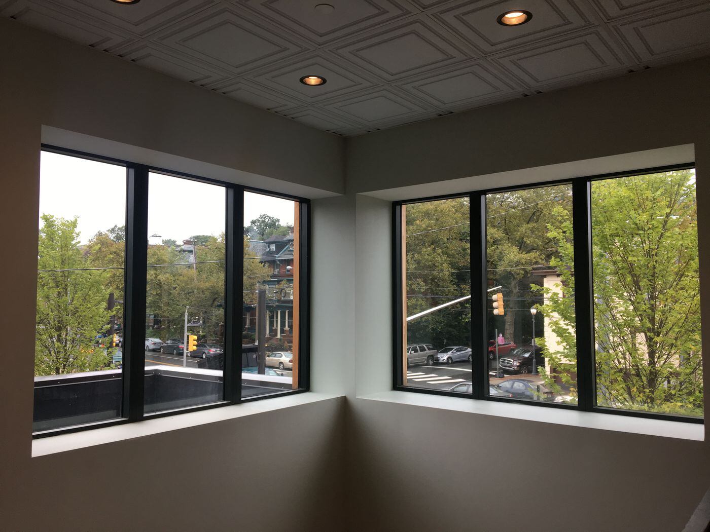 The second floor of the Trolley Car Station diner offers good views of Spruce Hill’s Victorian homes.