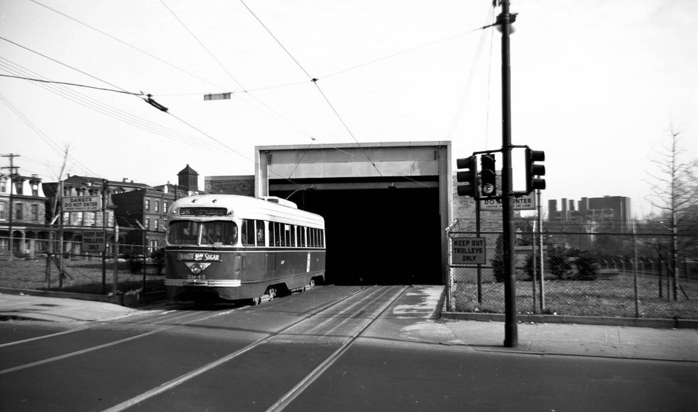 This view of the 40th Street Trolley Portal was shot after the the tunnel opening in 1955, when Philadelphia’s transit system was run by the PTC.