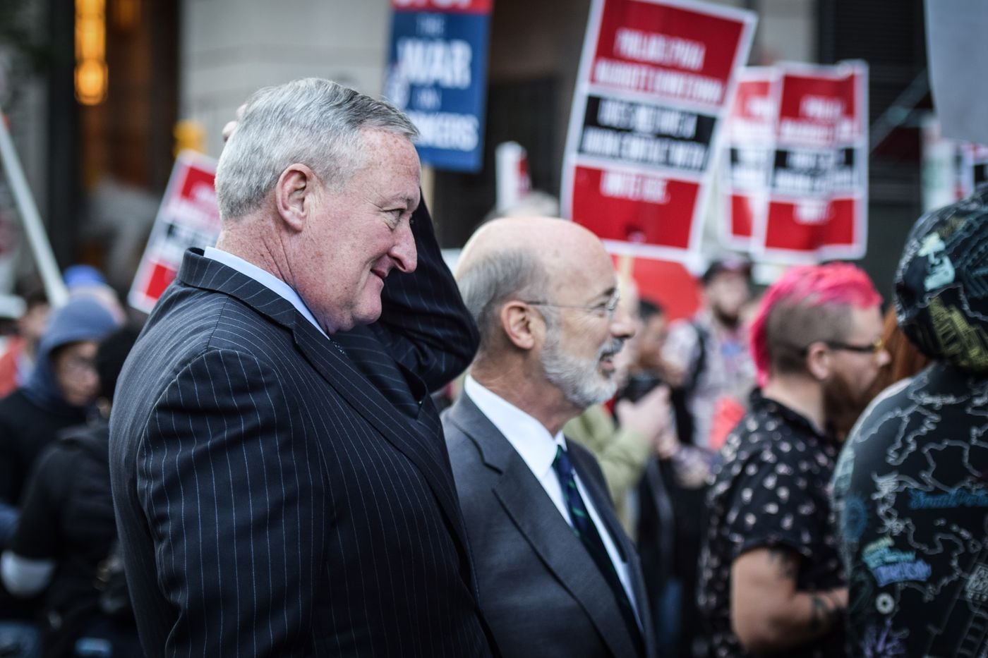 Mayor Kenney (foreground) and Gov. Wolf spoke at a rally for the Philadelphia Marriott Downtown workers who hope to unionize.