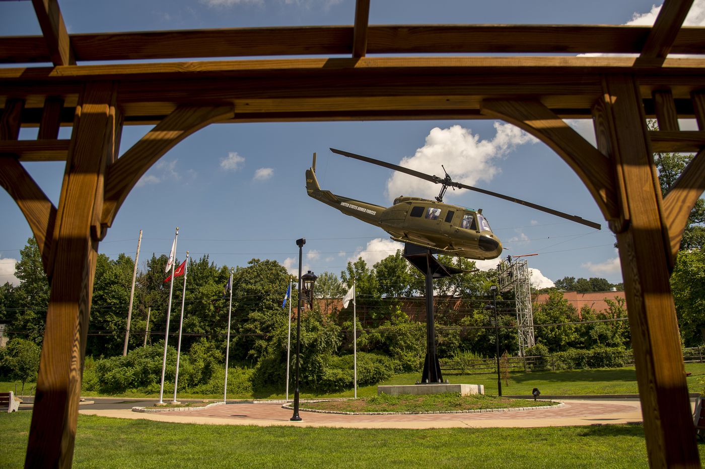 A Vietnam War-era Bell UH-1 Iroquois Huey helicopter in Willow Grove’s Veterans Memorial Park. Ralph Storti, a Vietnam War veteran, spent 14 years working to bring to life his vision of the memorial that would honor members of all branches of the armed services.